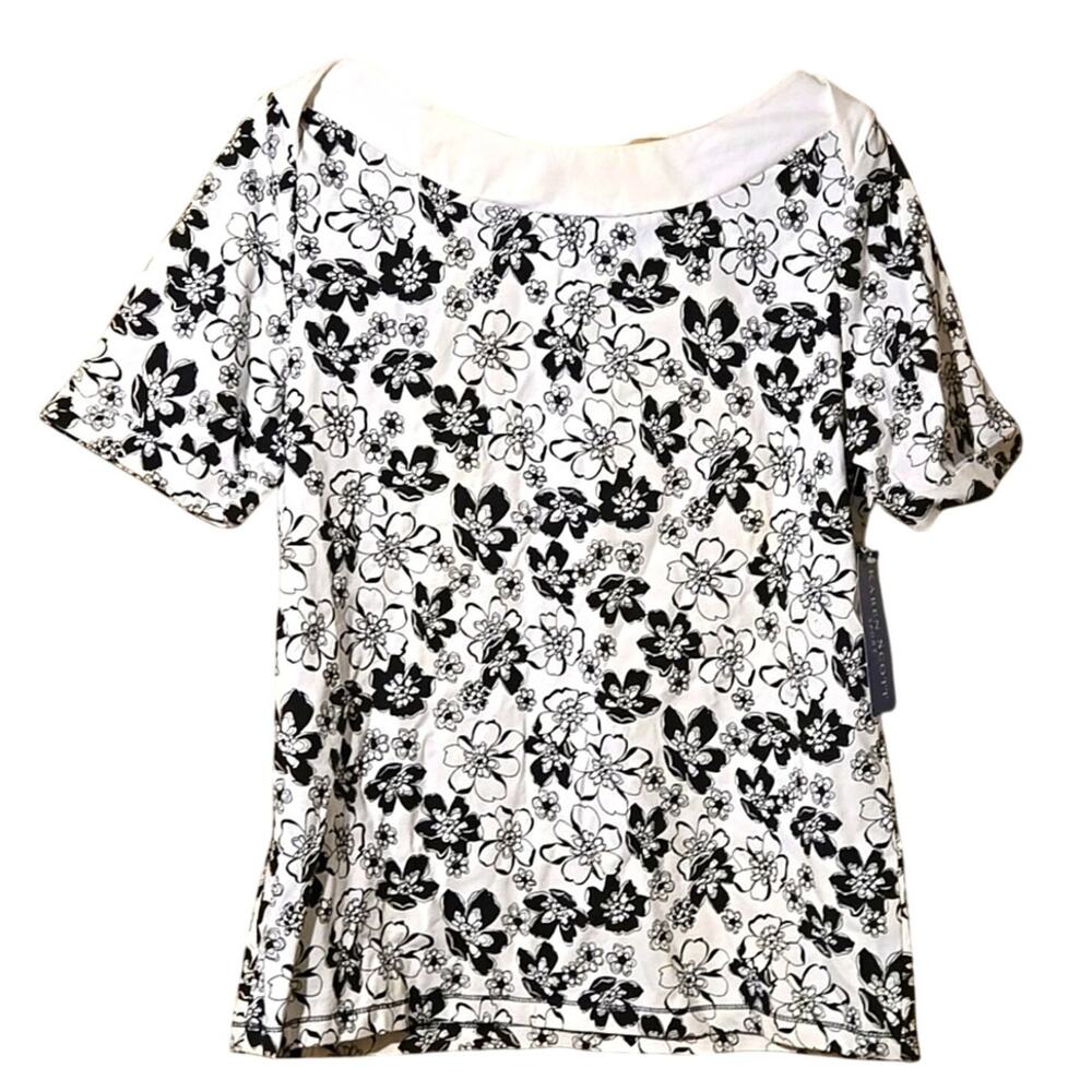NWT Karen Scott Medium Black/White Floral Print T-Shirt [0095]